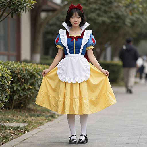 Photograph of an Asian woman in a Snow White costume, blue dress, yellow skirt, white apron, red bow, white stockings, black shoes