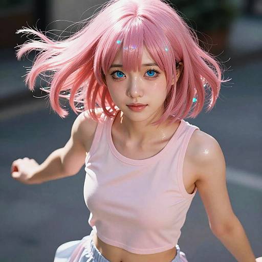 Iridescent Neon Girl, Low-Angle Portrait