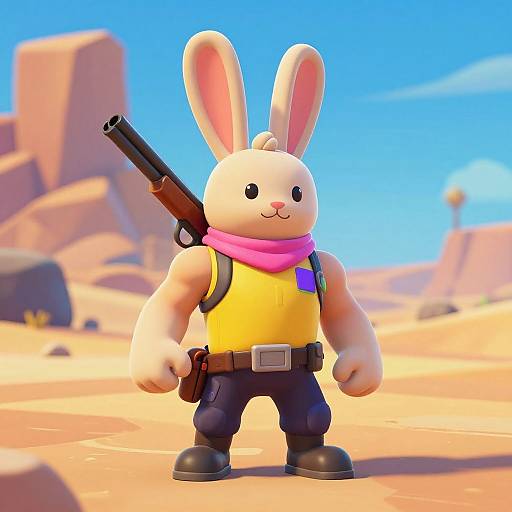 Cartoon bunny in yellow vest, pink scarf, black pants, and belt, holding a gun, standing in a vibrant desert landscape.