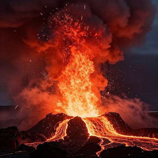 Photograph of an erupting volcano with bright red-orange lava, intense flames, and sparks, surrounded by dark smoke against a night sky.