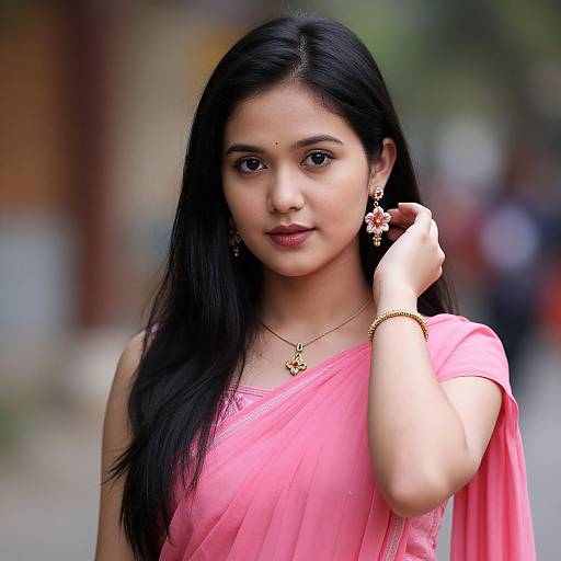 Photograph of a beautiful young Indian woman with long black hair, wearing a pink saree, gold jewelry, and a subtle bindi, gently touching