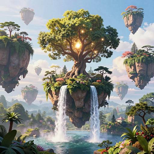 Digital fantasy artwork of a floating island tree with a waterfall, surrounded by other floating islands, vibrant foliage, and a sunny sky.
