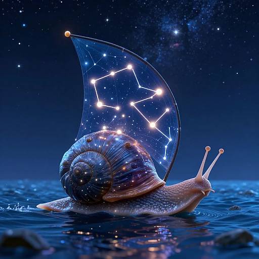 Photorealistic CGI of a glowing snail with a transparent shell displaying the constellation Orion, set against a starry night sky over a reflective blue water