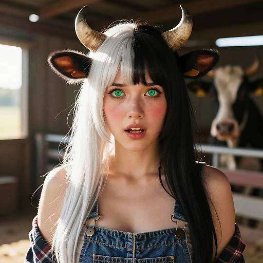 Digital art: Young woman with striking green eyes, black-and-white hair, cow horns, and denim overalls, stands in a barn with a cow
