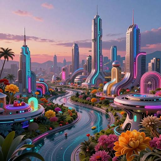 Digital art of a vibrant, futuristic cityscape at sunset with neon-lit skyscrapers, winding river, colorful flowers, and glowing streetlights.
