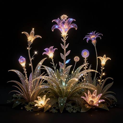 Photograph of illuminated, sparkly flower and plant sculptures in vibrant colors against a black background, featuring glowing flowers, leaves, and buds.