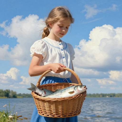 Young girl with blonde pigtails, wearing white blouse and blue skirt, holding wicker basket with fish by lake under bright blue sky.