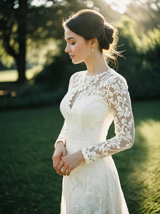 Elegant Bride in White Lace Wedding Dress