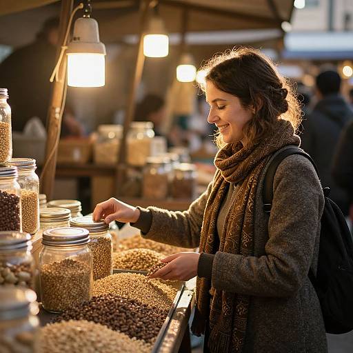 Photograph of a smiling young woman with brown hair, wearing a brown scarf and gray coat, selecting spices from a warmly lit market stall.
