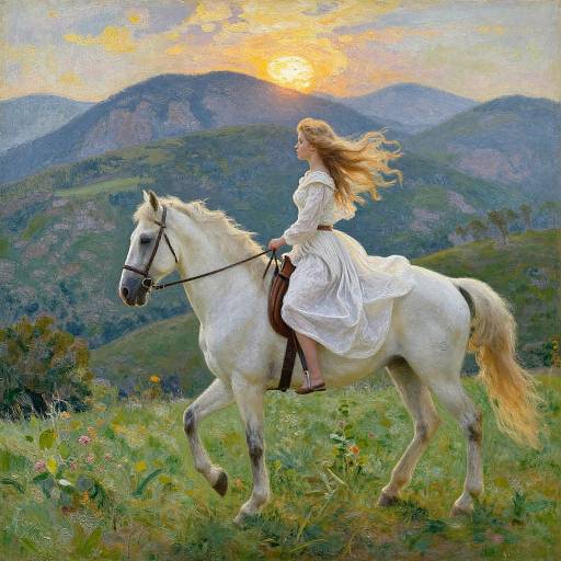 A painting of a blonde woman in a white dress riding a white horse through a lush, mountainous landscape at sunset.