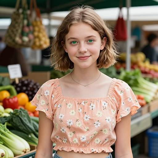 Photograph of a young girl with light brown bob haircut, green eyes, wearing a peach floral crop top, standing in a colorful vegetable market.