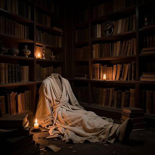 Photograph of a draped, faceless figure in a dim, book-filled library with warm candlelight casting shadows on wooden shelves.
