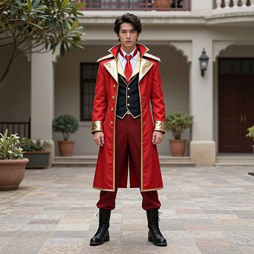 Photograph of a young man with dark hair, wearing a red and gold Victorian-style coat, black vest, white shirt, red tie, red pants