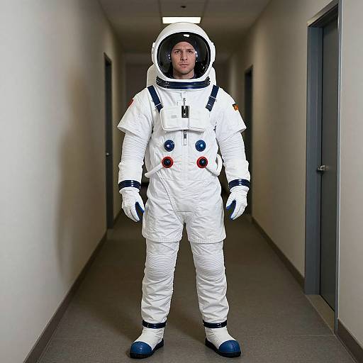 Photograph of a man in a white astronaut suit with black helmet, gloves, and boots, standing in a long, dimly lit hallway.