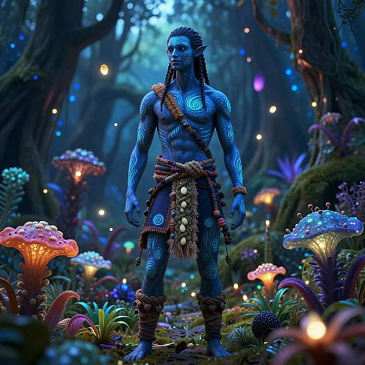 Digital art of a blue-skinned, muscular, tribal warrior with glowing tattoos, standing in a vibrant, bioluminescent forest filled with colorful mushrooms