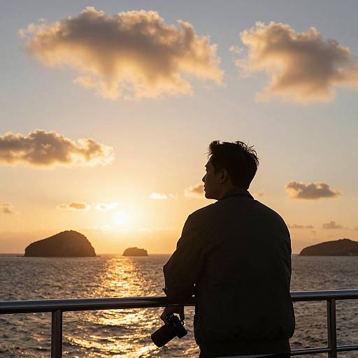 Man with Camera at Sunset on Boat