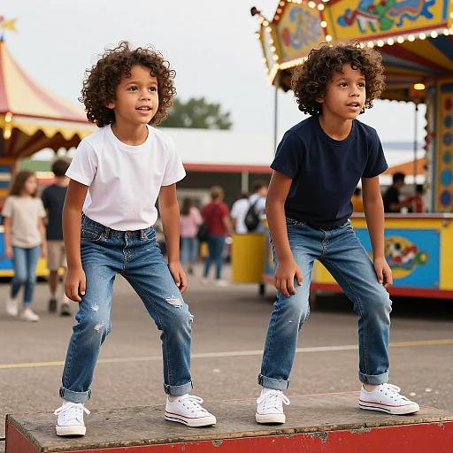 Photograph of two curly-haired, young boys in white and navy shirts, blue jeans, and white sneakers, standing on a curb at a colorful carnival