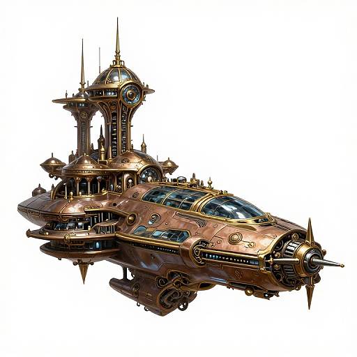 Steampunk-style, intricately detailed, copper-colored airship with a domed control tower, glass windows, and propeller engines, showcasing vintage