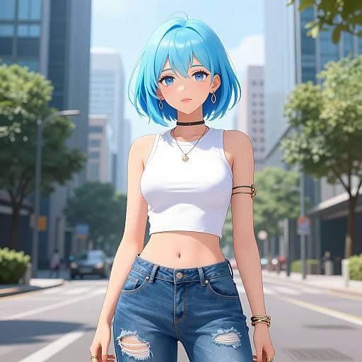 Digital anime-style drawing of a blue-haired girl with blue eyes, wearing a white crop top, distressed jeans, and jewelry, standing on a sunny urban