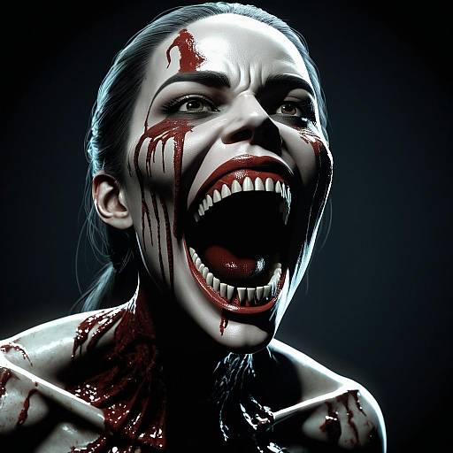 Digital artwork of a blood-covered, screaming woman with dark hair, white face paint, and sharp teeth, against a black background.