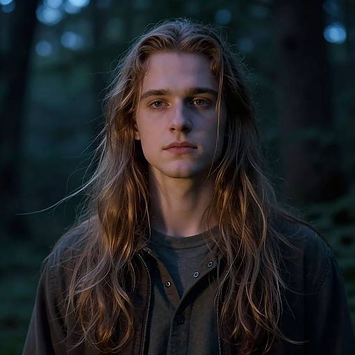 Photograph of a young man with long, wavy brown hair, fair skin, and intense blue eyes, wearing a dark hoodie, standing in a