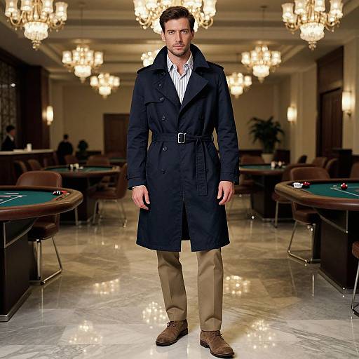 Photograph of a handsome man in a black trench coat, white shirt, beige pants, brown boots, standing in a luxurious, chandelier-lit