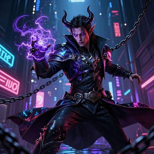 Digital art of a horned, dark-haired man in black leather, summoning purple electricity in a neon-lit cyber city night. Chains dangle