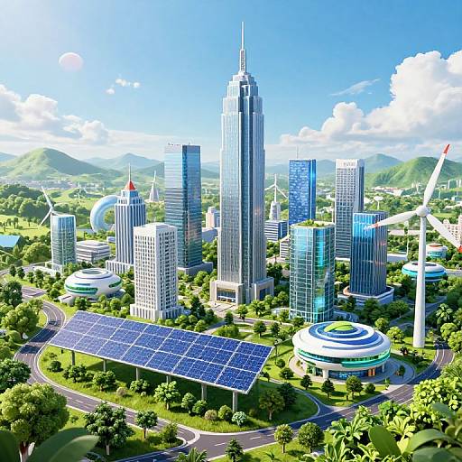 CGI image of a futuristic, eco-friendly city with tall skyscrapers, solar panels, wind turbines, greenery, and mountains in the background