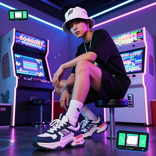 Y2K Aesthetic Boy in Neon Arcade