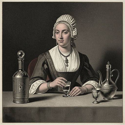 Black-and-white engraving of a 17th-century woman in a dress and headscarf, holding a glass, with a decorative bottle, pitcher