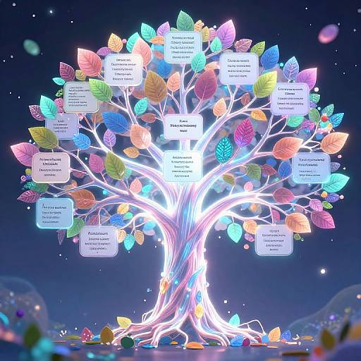 Digital illustration of a glowing, colorful family tree with vibrant leaves, neon branches, and white name cards against a starry night sky.