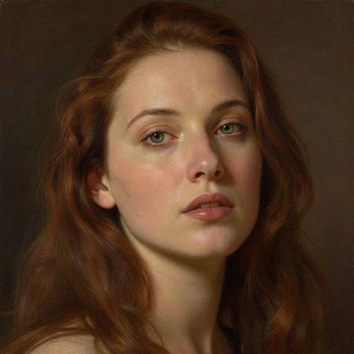 Photorealistic digital portrait of a fair-skinned, green-eyed woman with wavy auburn hair, soft features, and neutral expression against a