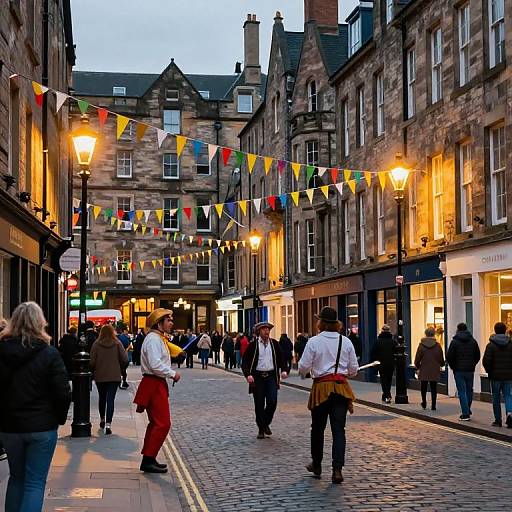 Photograph of a cobblestone street in a historic town, adorned with colorful bunting, illuminated by street lamps, with pedestrians and costumed performers