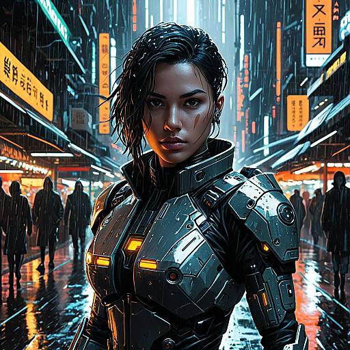 Female Cyborg Bounty Hunter in Futuristic Market