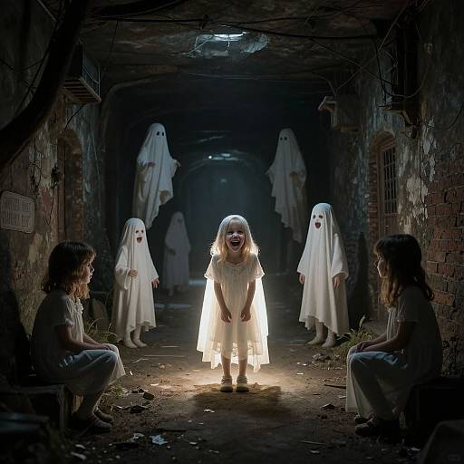 Photograph of a creepy, dimly-lit, brick tunnel with six white ghost figures. Center ghost, illuminated, stands facing two crouching