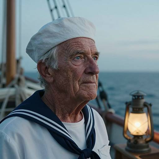 Photograph of an elderly white man with wrinkled skin, wearing a white sailor hat and navy sailor uniform, standing by a lit lantern on a ship