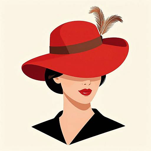 Digital illustration of a woman with pale skin, red lipstick, black hair, and a large red hat with a brown band and feather, wearing a black