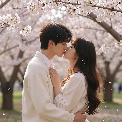 Photograph of a couple kissing under blooming cherry blossom trees; both wear white, sunlight filters through petals, soft focus background.