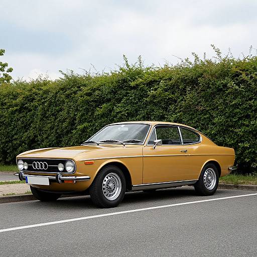 Photograph of a vintage yellow Audi sedan with chrome wheels and dual round headlights, parked on a street with a lush green hedge background.