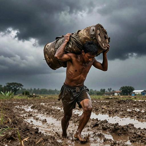Man Carrying Load Through Stormy Mud