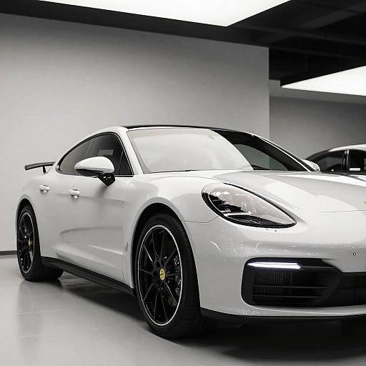 Photograph of a sleek, white sports car with black wheels, black-tinted windows, and a modern, minimalist indoor showroom.