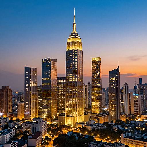 Photograph of New York City's skyline at dusk, featuring the illuminated Empire State Building center, surrounded by lit skyscrapers against a gradient blue to