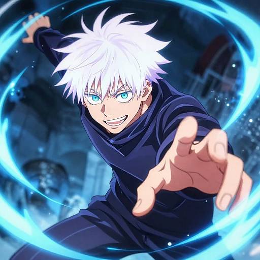 Dynamic anime illustration of a white-haired, blue-eyed young man with spiky hair, wearing a black cloak, reaching out with a glowing blue energy ring