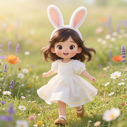 Digital artwork of a cute, smiling girl with brown hair, wearing a white dress, bunny ears, and brown shoes, running through a sunny, colorful