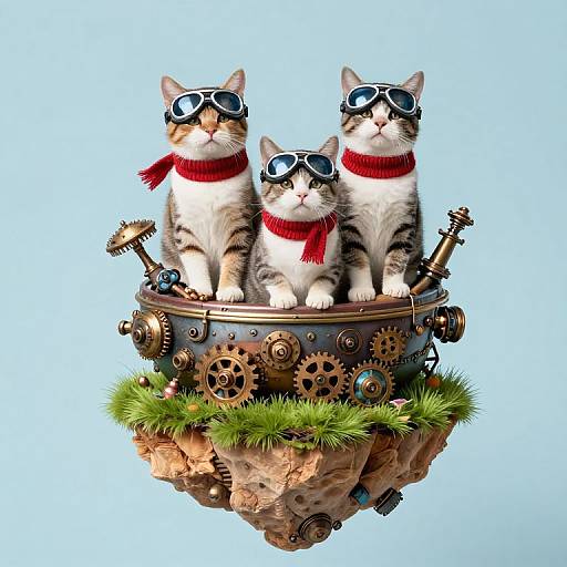 Three striped cats in goggles and red scarves sit in a steampunk floating bowl with gears and grass on a rock.