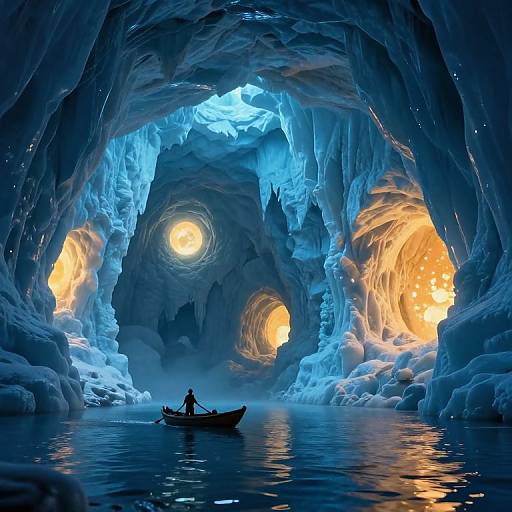 Photograph-like digital art of a lone figure in a rowboat navigating a glowing, icy blue and orange cave with three luminous openings.
