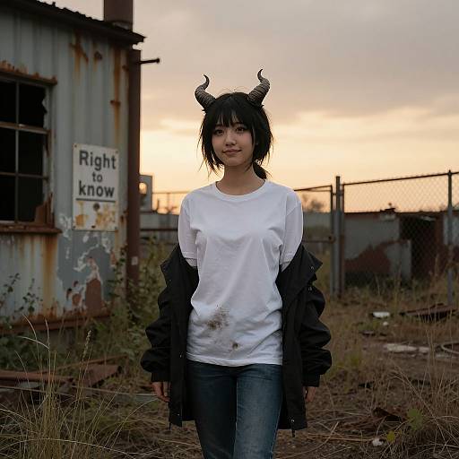 Photograph of an Asian woman with black horn headband, white stained shirt, black jacket, blue jeans, standing in abandoned, rusty industrial area at