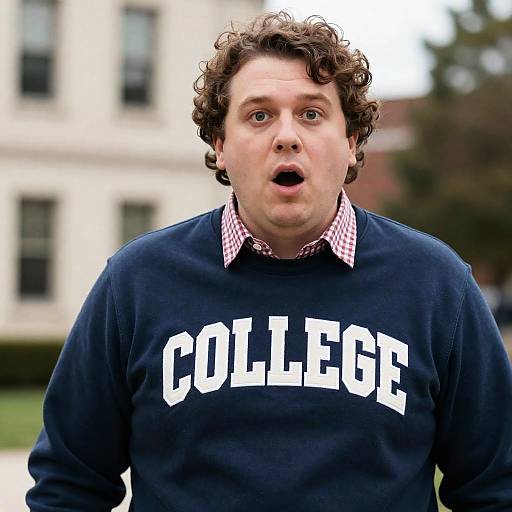 Surprised Man in College Sweatshirt