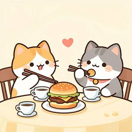 Cute digital drawing of two chibi cats eating at a table with a burger, tea, and chopsticks, one with orange and white fur and
