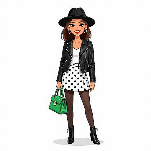 Digital illustration of a stylish woman with brown hair, wearing a black hat, white polka dot dress, black jacket, black tights, and black
